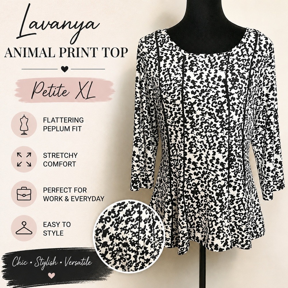 Lavanya Black‎ White Animal Print Top Petite XL Peplum 3/4 Sleeve Stretch Blouse